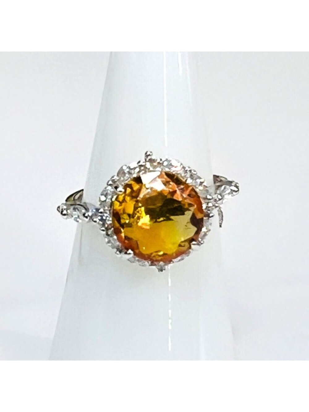 Ring Bomb Party Ring size 6 yellow round stone silver color band CZ like accents